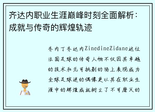 齐达内职业生涯巅峰时刻全面解析：成就与传奇的辉煌轨迹