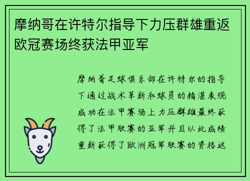 摩纳哥在许特尔指导下力压群雄重返欧冠赛场终获法甲亚军