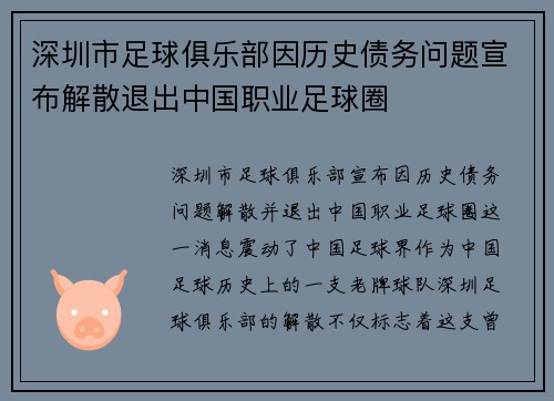深圳市足球俱乐部因历史债务问题宣布解散退出中国职业足球圈 深圳市足球俱乐部因历史债务问题宣布解散退出中国职业足球圈